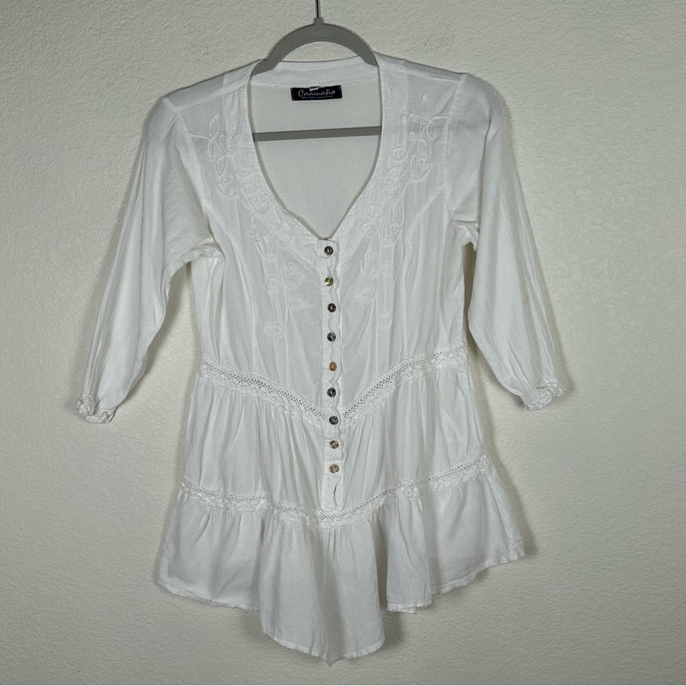 Caamano Women Sz S Romantic Peruvian cotton embroider tiered top w/lace fairy